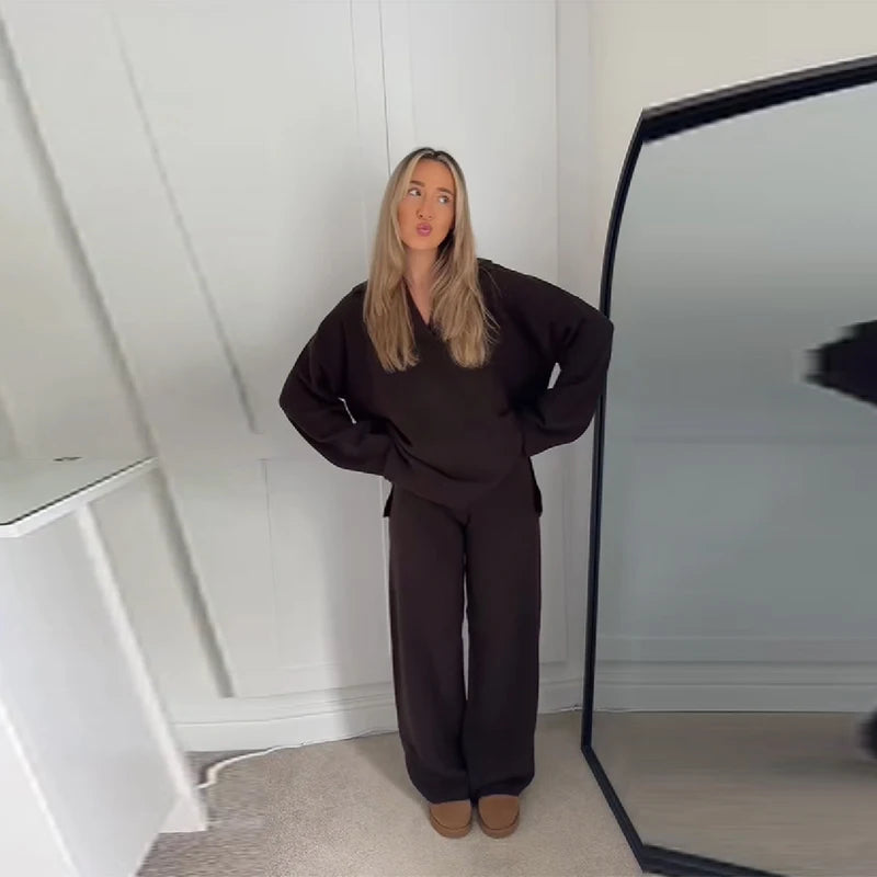 Casual Simple Loose Sweater Trousers Set Solid Color Retro Versatile Comfortable Streetwear Top Pants Commuting Women's Outfit.