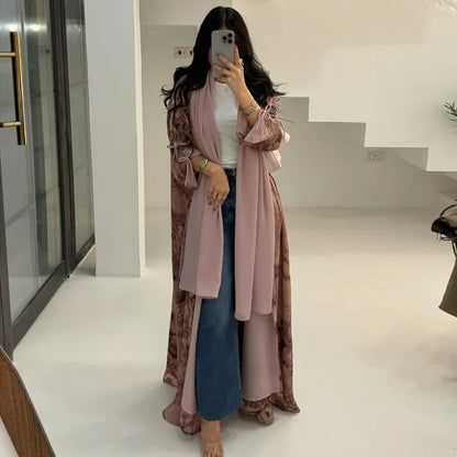 2025 sommer Arabisch Frauen Muslimische Kleidung Ramadan Dubai Offene Abaya Kleid mit Hijab Islam Gedruckt Chiffon 2 Stück Outfit
