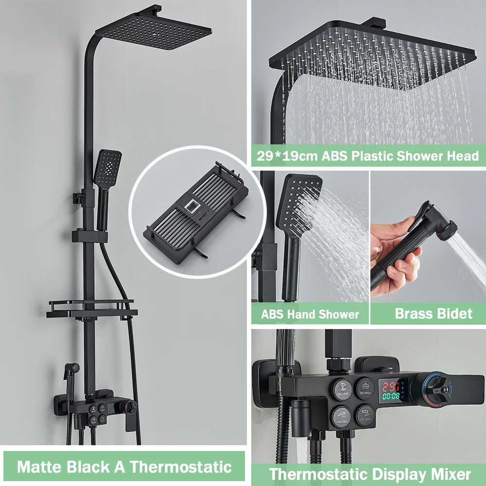 Black Thermostatic Shower Faucet Set For Bathroom Smart Display Hot Cold Water Mixer Tap Wall Mounted Rainfall System With Bidet