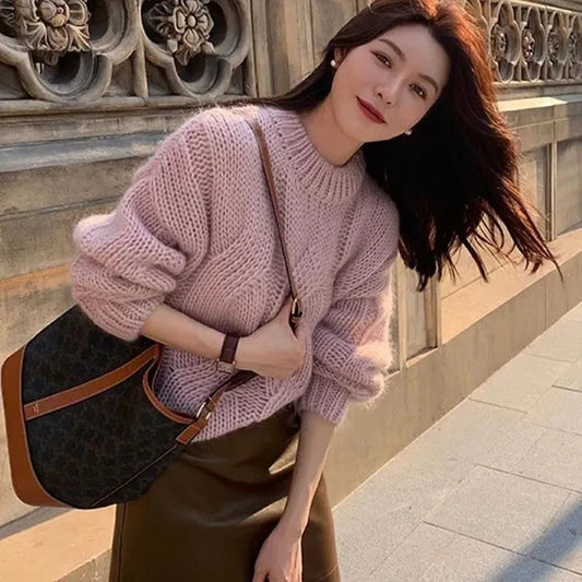 Biyaby Twist Gestrickte Pullover Frau Herbst Winter Faul Stil Oansatz Feste Pullover Frauen Casual Grundlegende Lose Pullover Damen