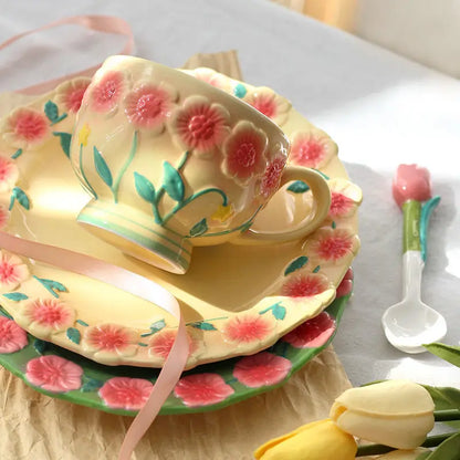 Flower Plate Embossed Small Flower Breakfast Dessert Plate Household Ceramic Plate Under Glaze Colored Hand-painted Tableware.