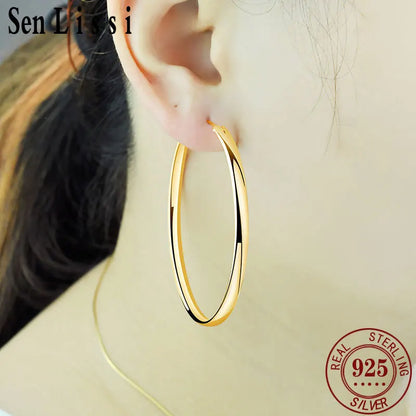 Senlissi - New 18K Gold Plated Hoop Earrings For Women 925 Sterling Silver  3.0mm Fashion Earring Cерьги Kольца 3/4/5/6/7CM.