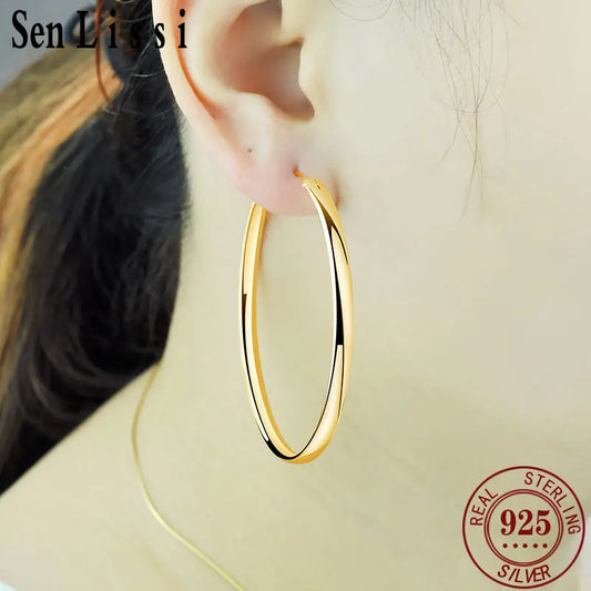 Senlissi - New 18K Gold Plated Hoop Earrings For Women 925 Sterling Silver  3.0mm Fashion Earring Cерьги Kольца 3/4/5/6/7CM.
