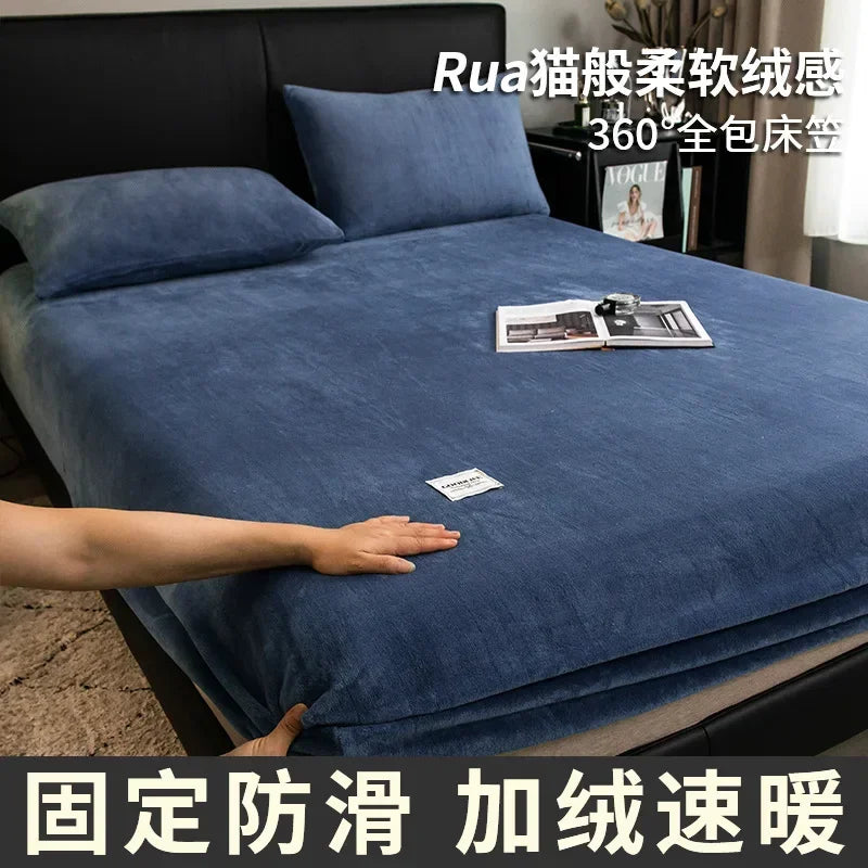 Warm Plush Fitted Sheet Elastic Mattress Cover Fluffy Velvet Fleece Bed Linen Couple Thermal Double Bed Not Included Pillowcase.