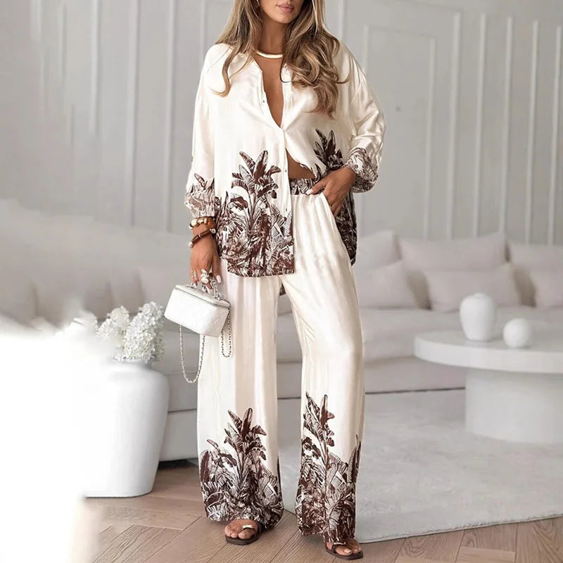 New Autumn Long Sleeve Lapel Shirt Cardigans & Wide Leg Pant Sets Woman 2 Piece Casual Print Single Breasted Suit Leisure Outfit.