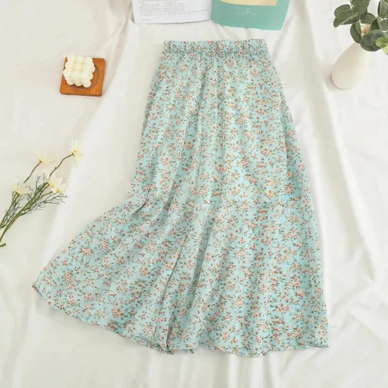 Gidyq Women Chiffon Midi Skirt Korean Fashion Floral Loose Skirts High Waist Female Casual All Match A Line Skirts Summer New.
