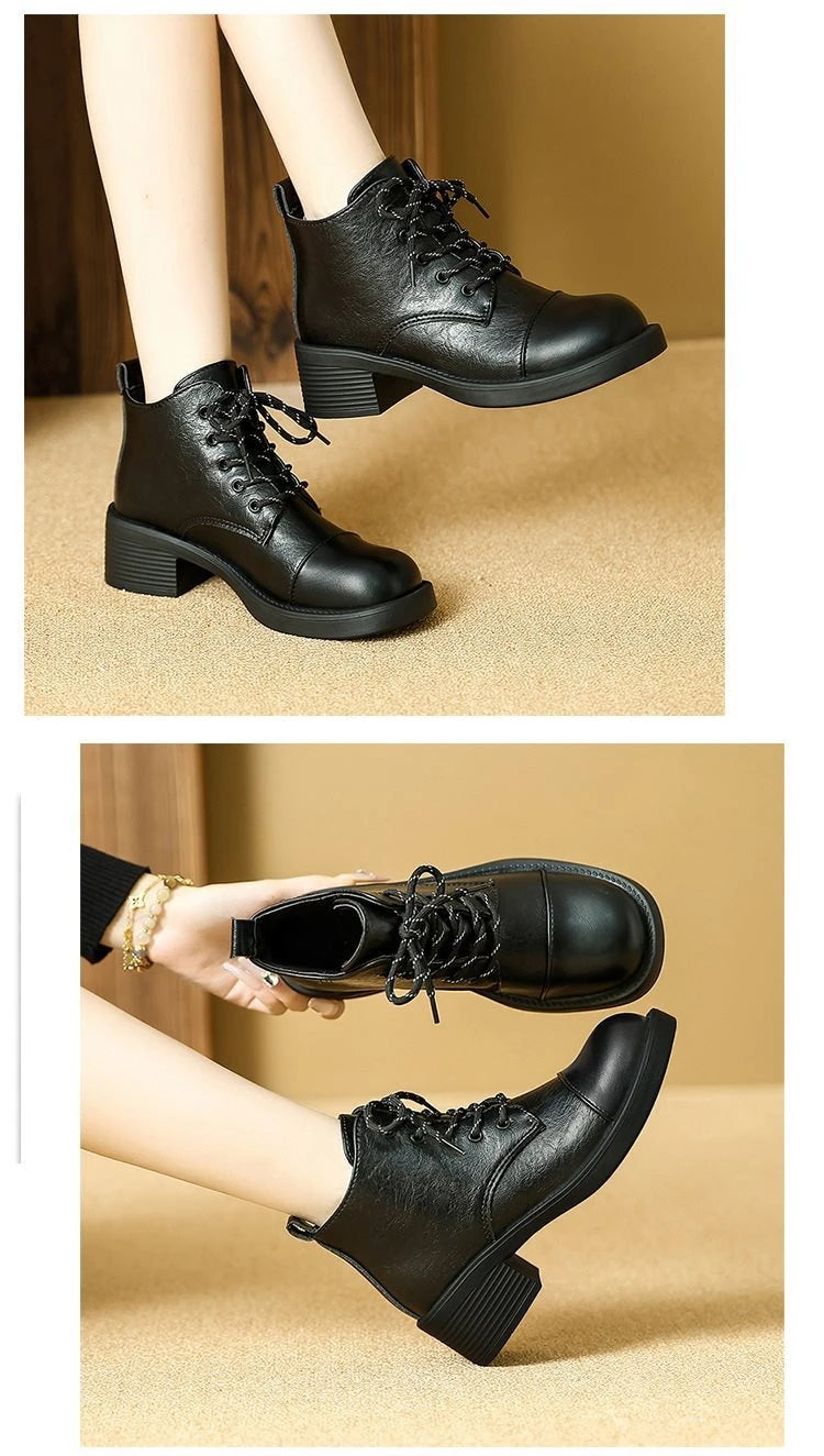 Women Short Boots 2025 Autumn Winter New Fashion Lace Up Vintage Middle Heel Shoes Outdoor Non Slip Height Increase Ankle Boots.