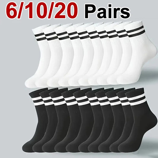 6/10/20 Pairs Men Women Striped Round Neck Socks Spring Autumn Breathable Odor Proof Sweat Absorbing All-Season Casual Socks.