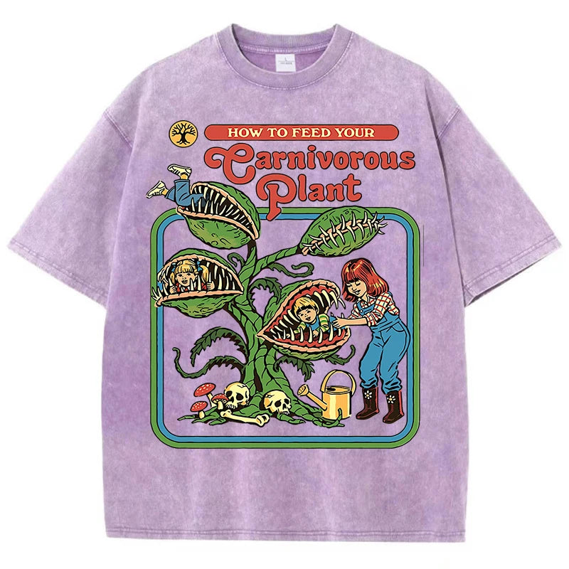 Earnivorous Plant Pattern Washed T-Shirts Men Breathable Cotton Casual T Shirt Soft Summer Comfortable Crewneck Short Sleeve