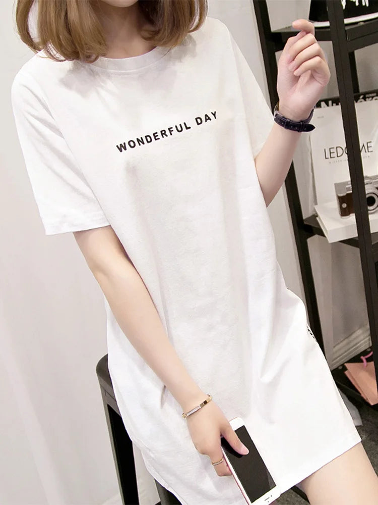 WONDERFUL DAY Print Long T shirts Summer Women Loose Slit Femme Tops  Tshirt Short sleeve Ladies t-shirt.