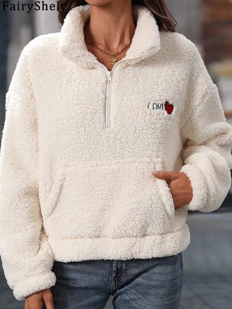 Fairyshely 2025 Autumn Winter White Women's Hoodies Long Sleeve Zipper Hood Sweatshirt Casual Lady Loose Plush Hoodie Tops.