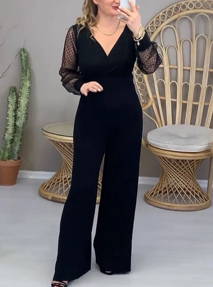 Jumpsuits Women One Piece Wide Leg Pants V Neck Gauze Long Sleeve Tight Waist Straight Trousers 2025 Office Lady Overalls.