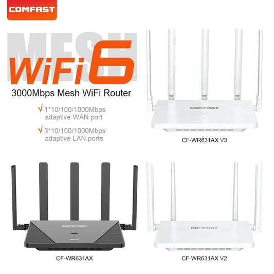Comfast AX3000 WiFi6 Mesh System Wireless Router 5*5 dBi Antennas Wifi6 Mesh WiFi Router Easy Mesh/Andlink Gigabit Network Ports.