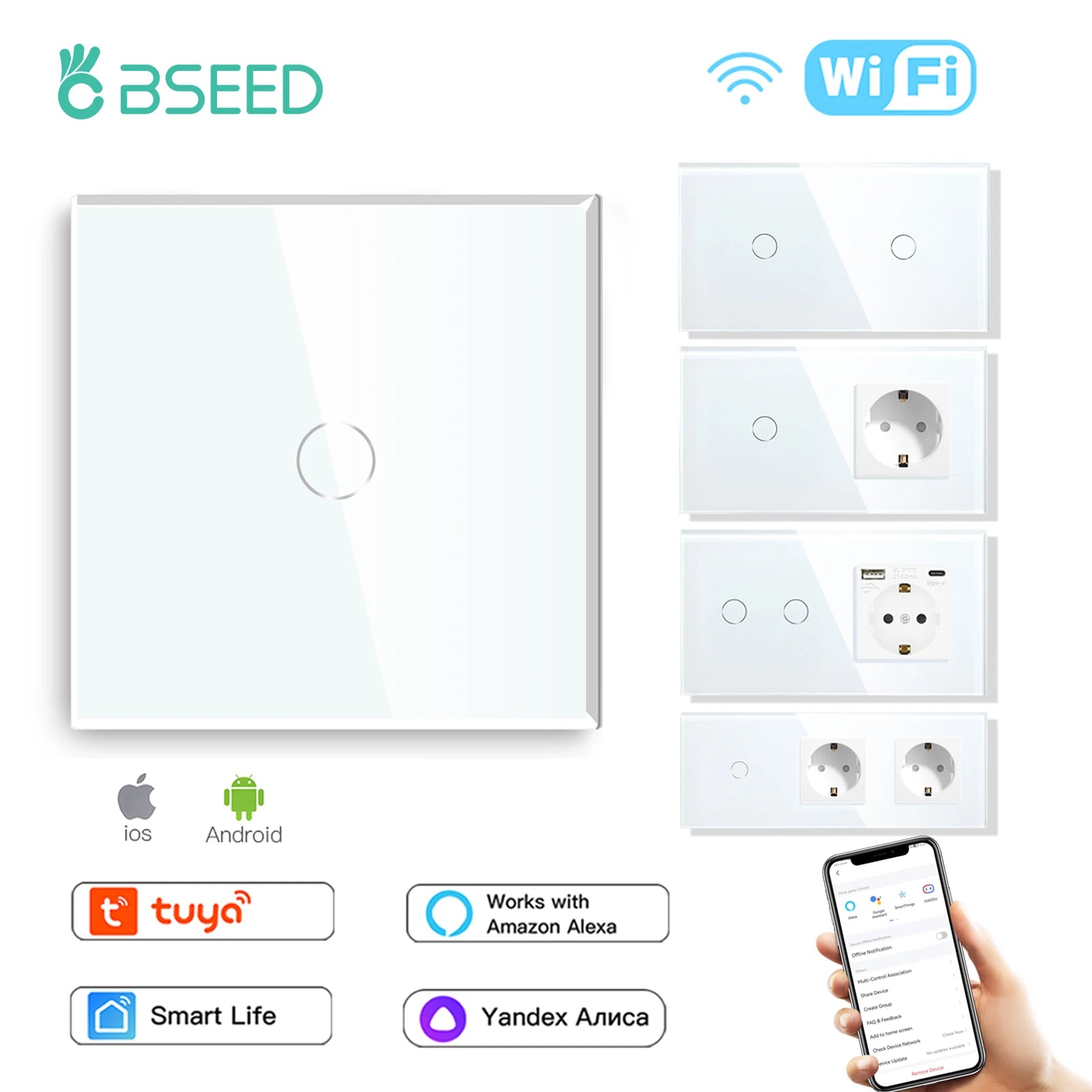 BSEED Wifi Touch Schalter Wand Licht Schalter Mit EU Buchse USB Typ-C Stecker Tuya Smart Leben Alexa Yandex App Steuerung Glas Panel.