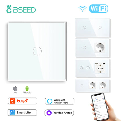 BSEED Wifi Touch Schalter Wand Licht Schalter Mit EU Buchse USB Typ-C Stecker Tuya Smart Leben Alexa Yandex App Steuerung Glas Panel.