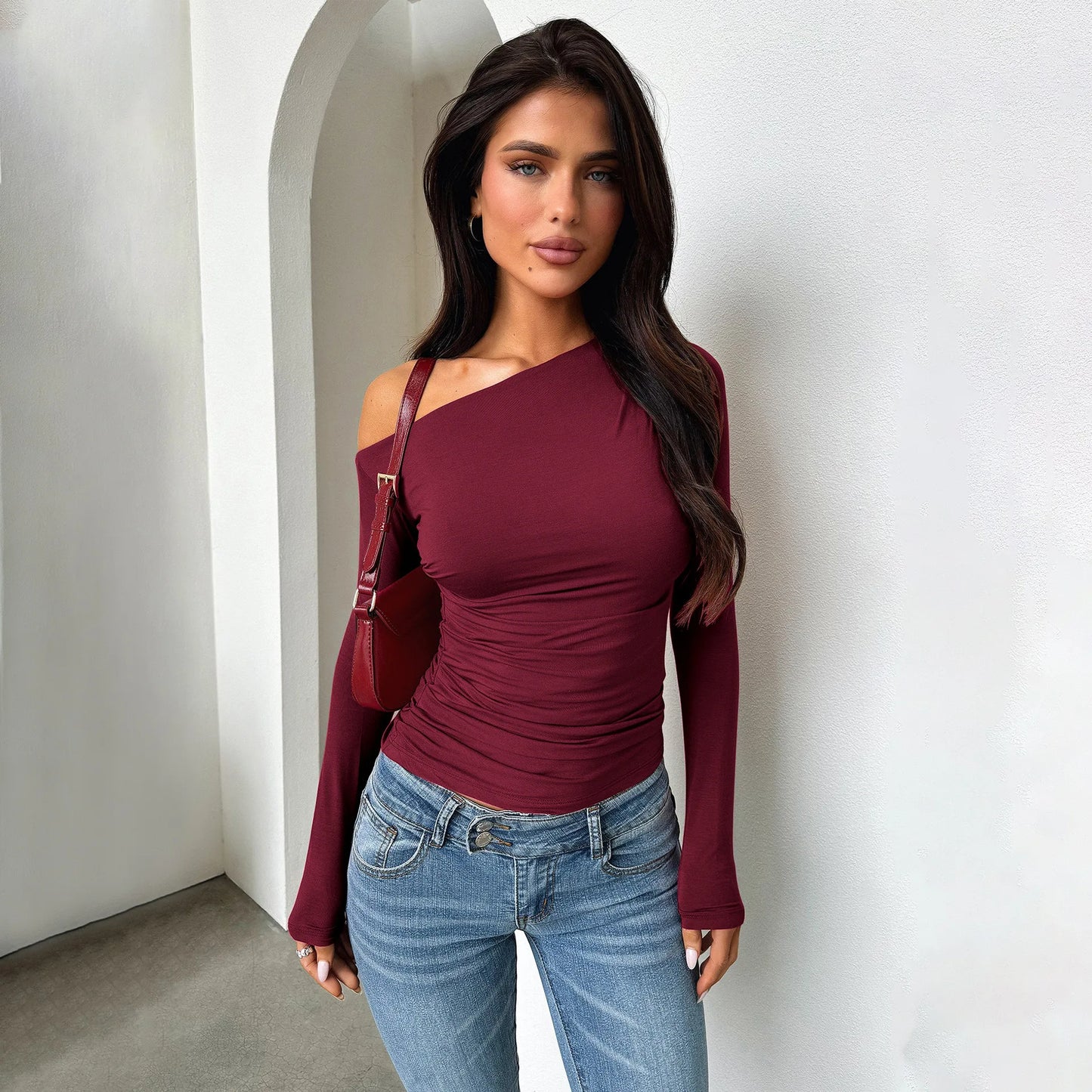 2025 New Spring Women's Casual Long Sleeve Boat Neck Off Shoulder Slim Fit Crop Top Going Out Blouses Y2K Tight Shirts Autumn