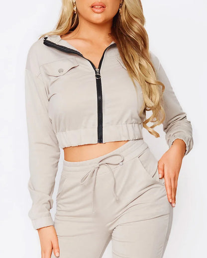 New Women's Style Pant Sets Slim Fashionable Temperament Commuting In Autumn Winter Pure Colors Zipper Two Pieces Set For Woman.