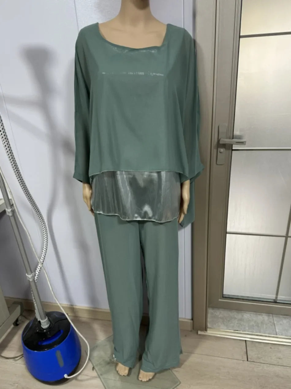 Fashion 2 Piece Set Party Outfits New Spring Summer Elegant Women's Suit Casual Bat Wing Sleeve Blouse Top with Wide Leg Pants.