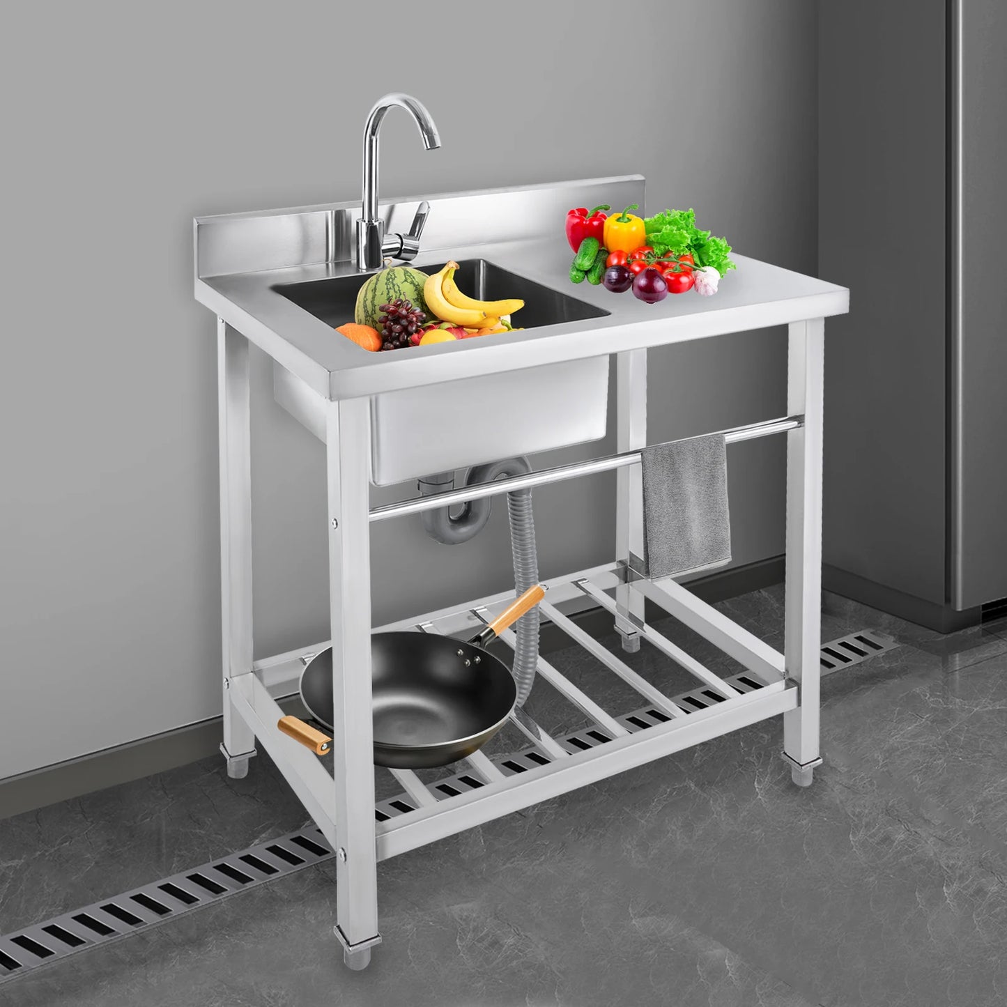 Einzelwaschbecken aus Edelstahl, kommerzielle Restaurant-Küchenspüle, freistehende Küchenspüle mit 360° °   Wasserhahn und 2 Einlassrohren