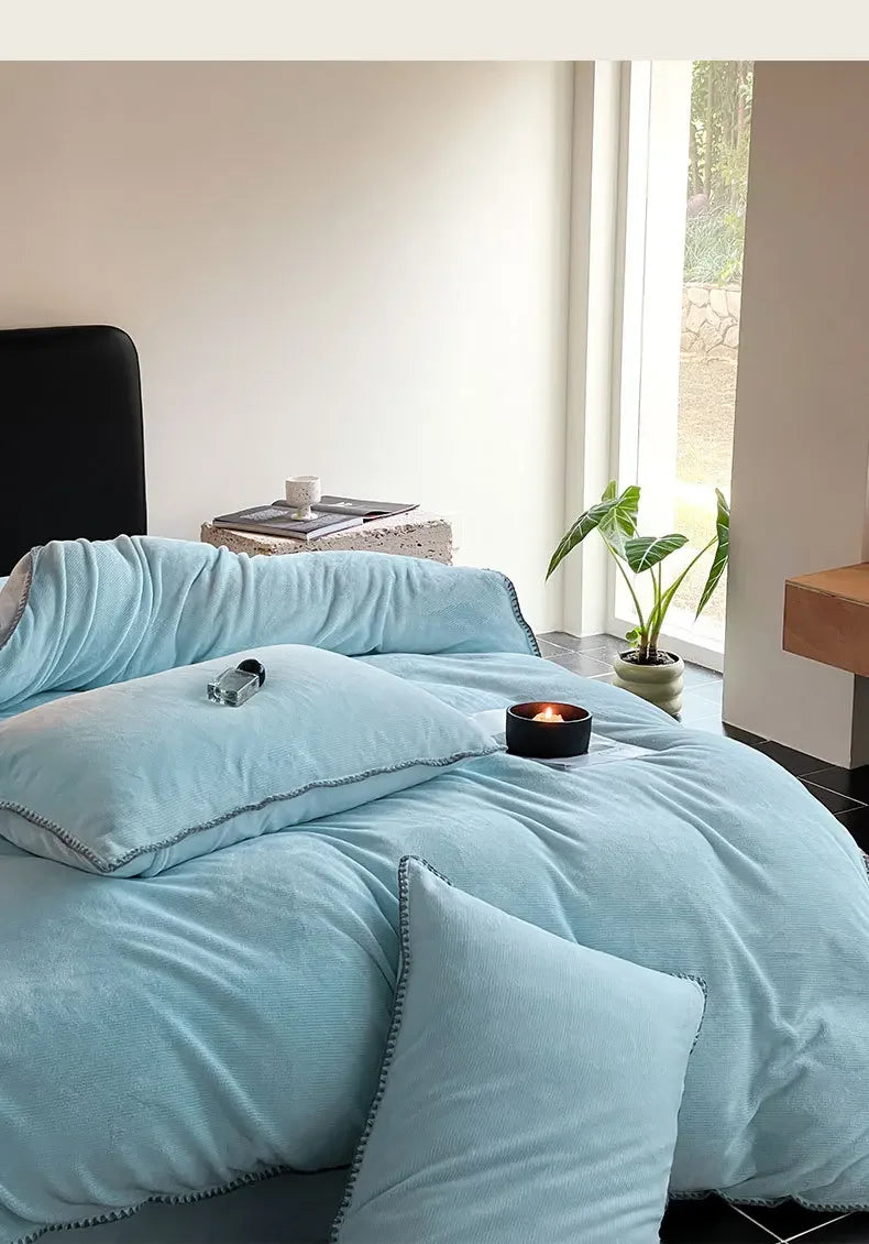 2024 new matte thin strip shell edge winter bed four-piece set milk fleece coral fleece thickened warm bed sheet quilt cover