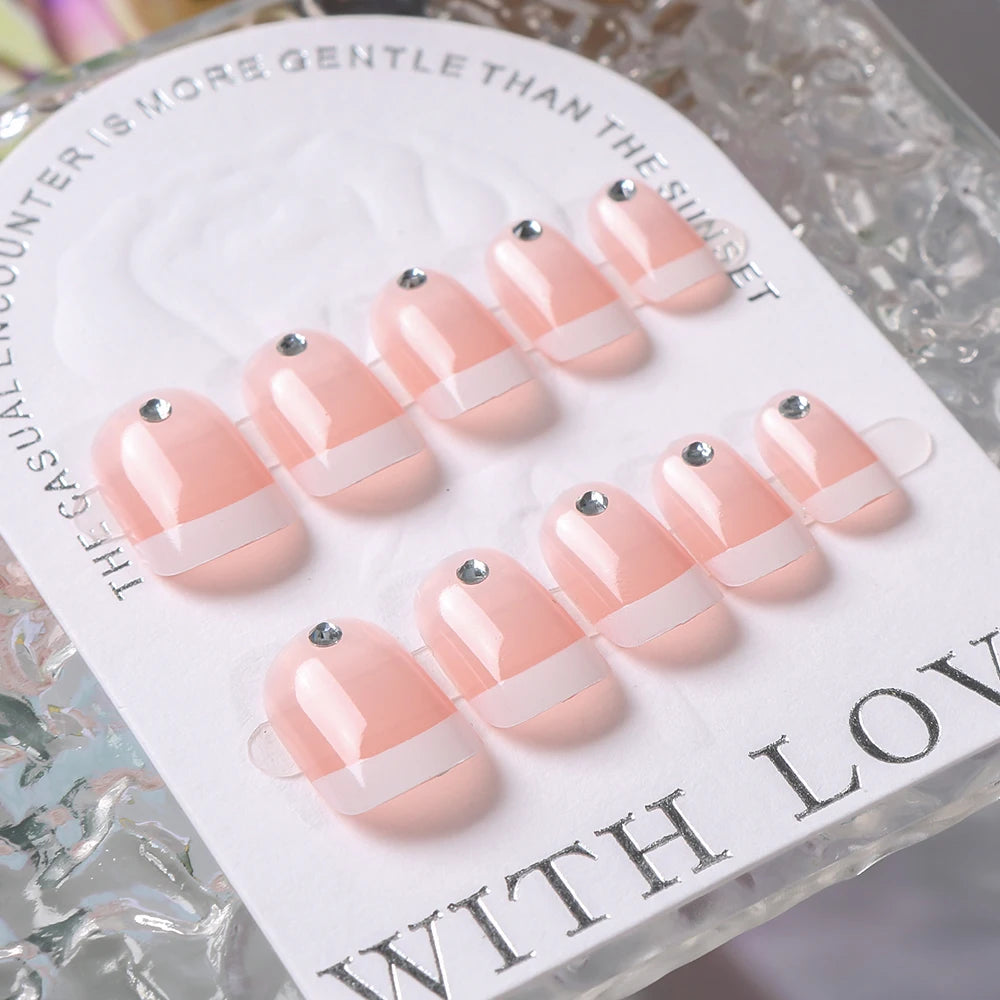 24pcs(+Tools) Pearl Bow Nude Pink Press On Nails White French Fingertips Almond Full Cover Fasle Nails New Year Nail Accessories.