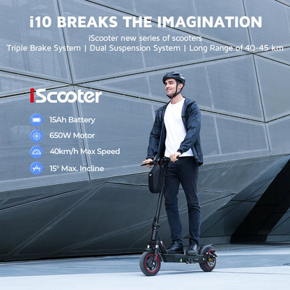 iScooter i10 Electric Scooter 10 Inch 650W Motor Foldable Electric Scooter Max Range 45Km 42V 15Ah Battery Scooter.