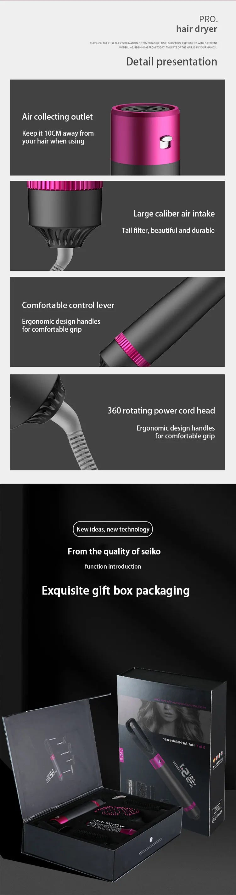 HOMEFISH 5 in 1 Hair Dryer Brush Hot Air Brush & Volumizer Styler Set with Interchangeable Brush Head Negative Ionic Blow Dryer.