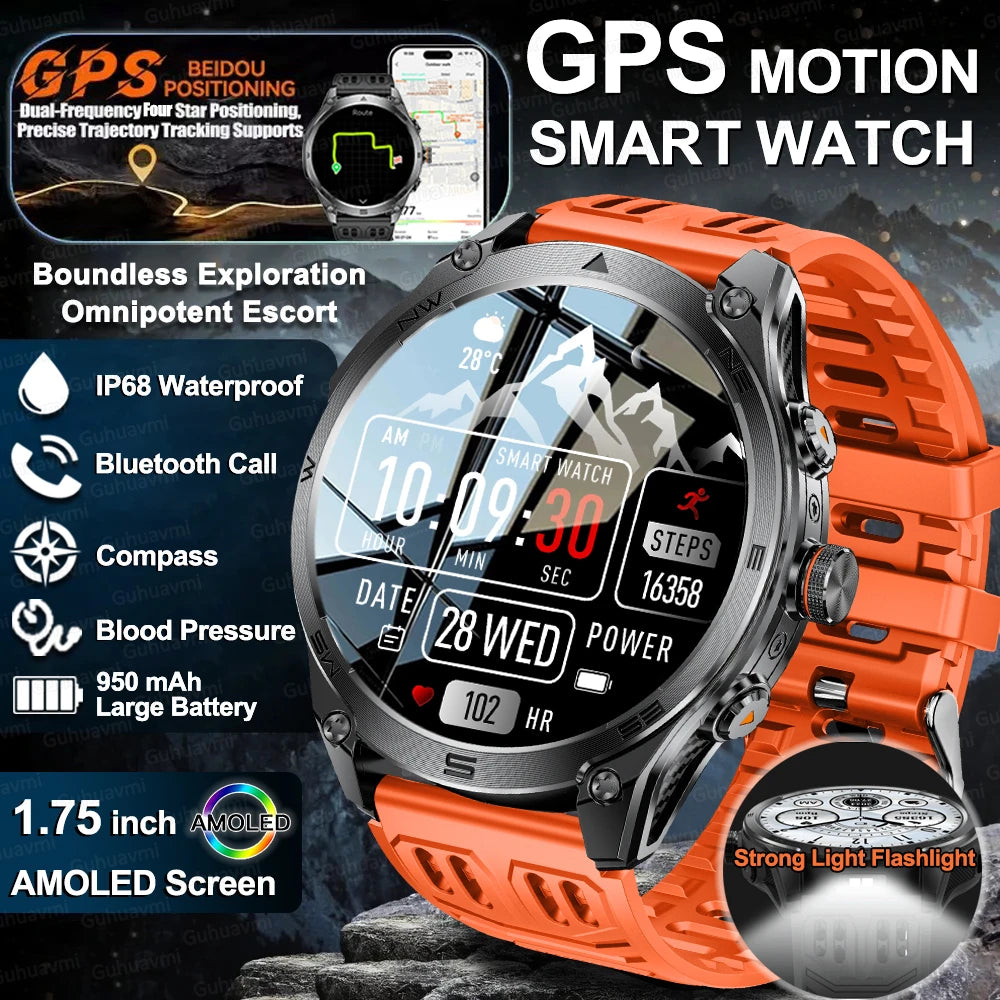 2025New GPS Sports Smart Watch  AMOLED Flashlight 950Mah Battery IP68 Waterproof Fitness Trackr BT Call Smartwatch For Men Women.