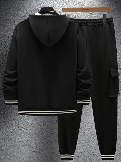 New autumn and winter men's large twill hooded baseball jacket and hoodie open cardigan long-sleeved work pants set.