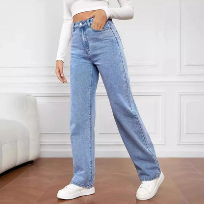 Casual Fashionable Elastic Washed Denim Straight Leg Jeans Women's Loose Straight Leg Trousers High Waist Chinese Production.