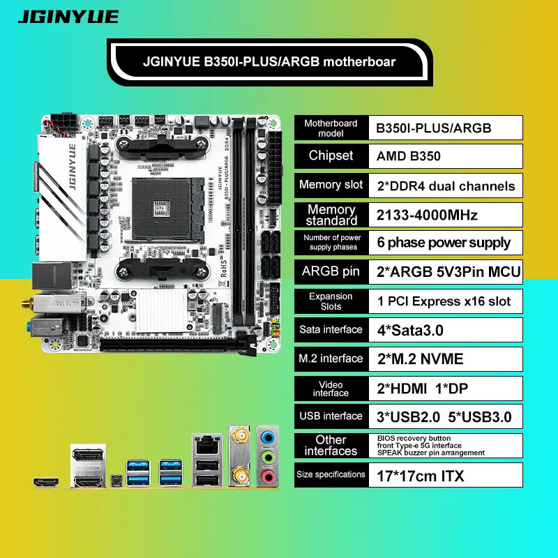 JGINYUE AMD AM4 ITX Motherboard supports Ryzen R3 R5 R7 R9 1/2/3/4/5 series CPU DDR4 RAM Desktop PC PCI-E 3.0 B350i PLUS ARGB.