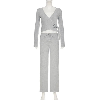 Apprabant Casual Fashion Drawstring High Waist Trousers Set Lace Up Flared Sleeve V Neck Twist Tops Plush Loose Pants Suit.