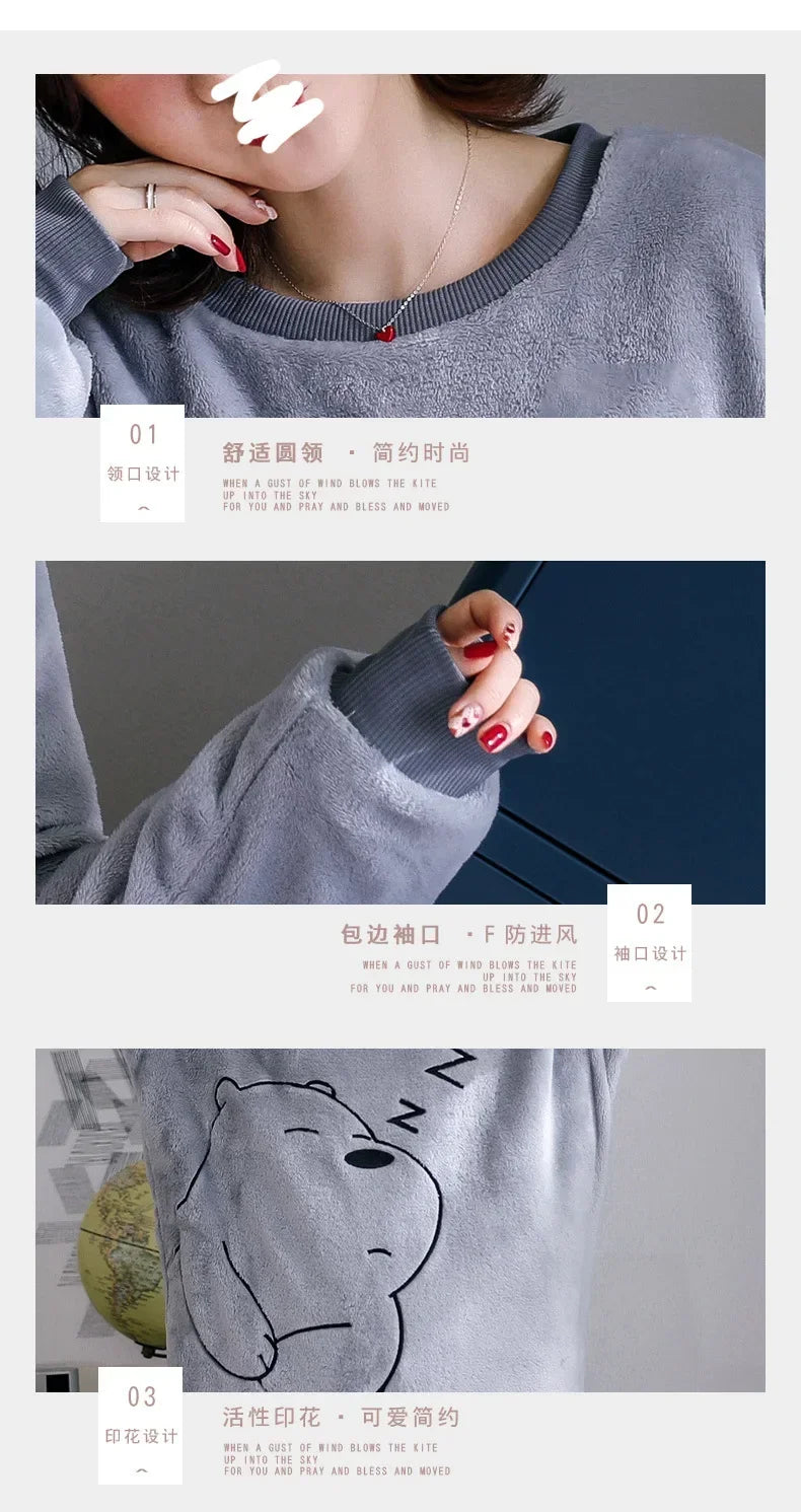 Thickened Warm Sleepwear for Winter Flannel O-Neck Girl Loungewear 2PCS Set Ladies Pajamas Long Sleeves Cartoon Bear Loungewear.
