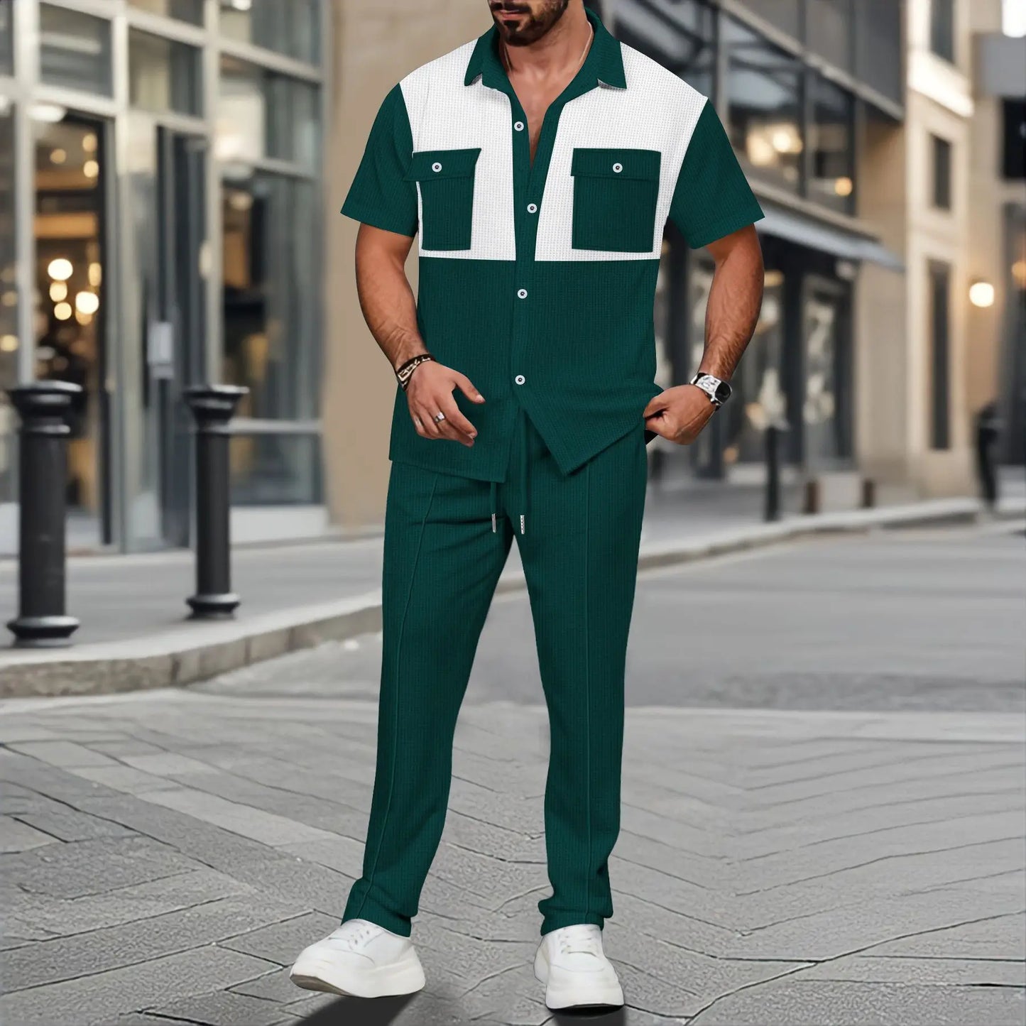 2025 Summer New Men Light Ripe Casual solid Color Button Pocket Fashion Waffle trend Shirt Short-Sleeved Trousers Two-piece Set.