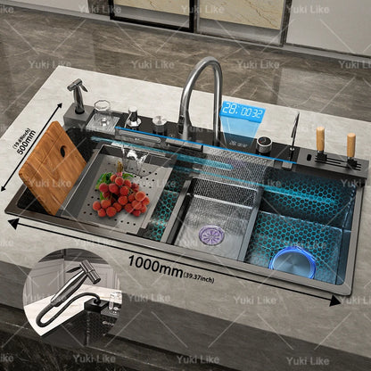 Stainless Steel Waterfall Kitchen Sink Extra Large Single Slot Multifunctional Sinks Digital Display Dishwashing Basin