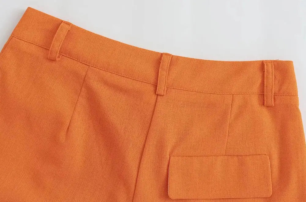 Women Fashion With Pockets Front Pleats Linen Blend Shorts Vintage High Waist Zipper Fly Female Short Pants Mujer.