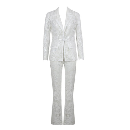 VC Pant Sets Women Fashion Sexy Hollow Out Tight Long Sleeves Blazer And Trousers Suit Mesh Outfits.