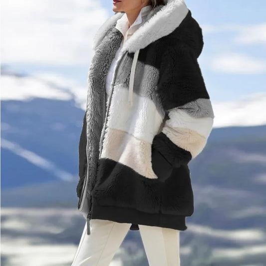 Wintermode Damenmantel 2025, mit Kapuze und Reißverschluss, Damenjacke, gespleißt, dicker Kaschmir, Damenjacke, Nähte, karierte Damenmäntel