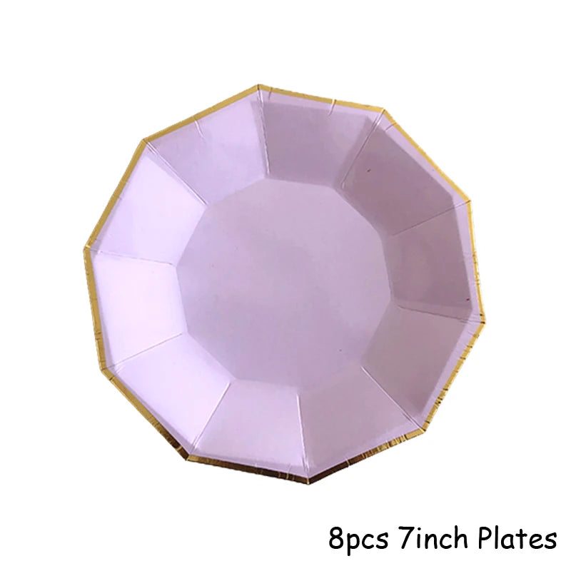 Purple Gold Party Paper Cup Plate Straw For Birthday Carnival Kids Favors Wedding Decor Disposable Tableware Party Supplies