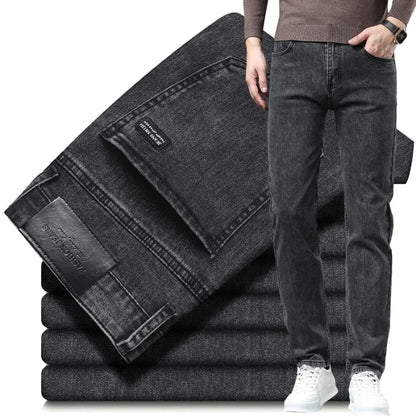 Spring Autumn New Men's Pure Black Slim Jeans Elastic Straight Pants Business Fashion Leisure Korean Vintage Denim Pants Male