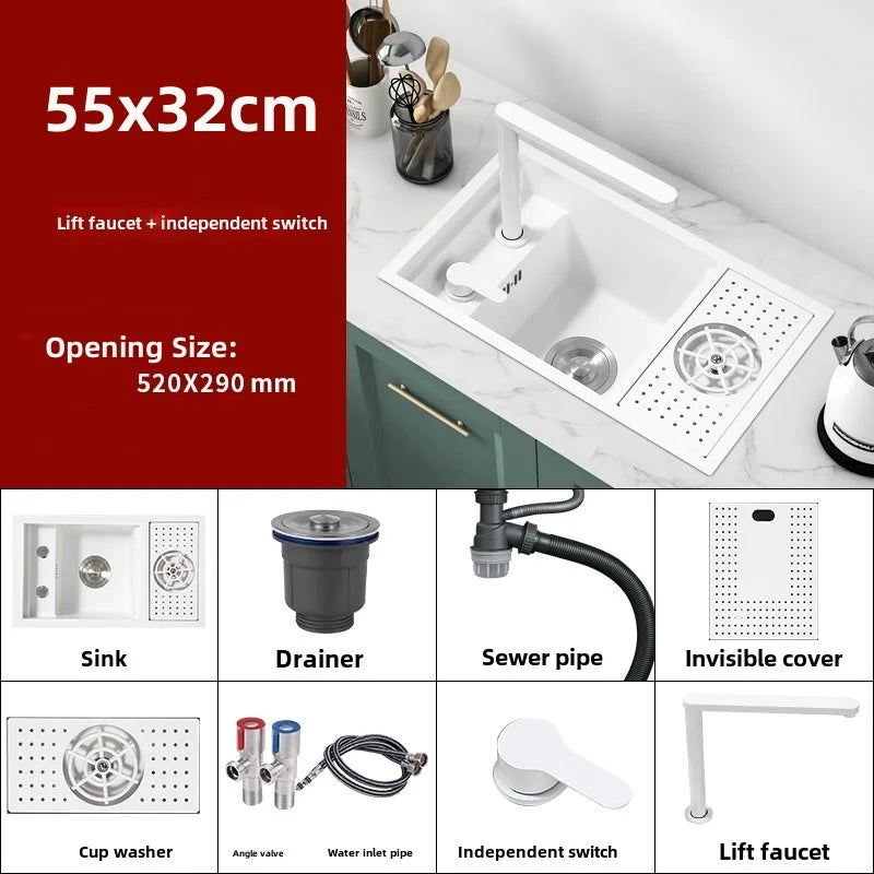 55 cm x 32 cm weißes, verstecktes Küchenspülbecken-Set, zusammenklappbares Wasserhahn-Abflussrohr, einklappbares Unterbauwaschbecken, kleines Waschbecken aus Edelstahl