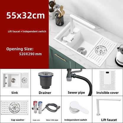 55 cm x 32 cm weißes, verstecktes Küchenspülbecken-Set, zusammenklappbares Wasserhahn-Abflussrohr, einklappbares Unterbauwaschbecken, kleines Waschbecken aus Edelstahl