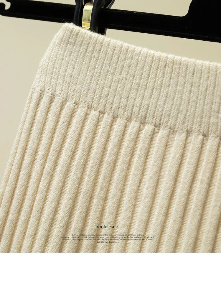 2025 Brand Designer Women Autumn Winter Thick Elegant Chic Solid Pleated Skirt High Waist Luxury Fashion With Elastic Female.