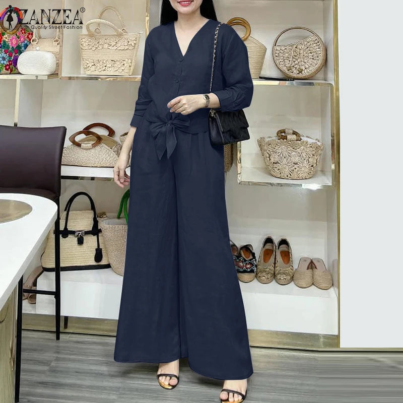 2025 ZANZEA Autumn Outfits 2PCS Women Work Matching Sets Fashion Spring Long Sleeve Blouse Pant Sets Casual Solid OL Tracksuits.