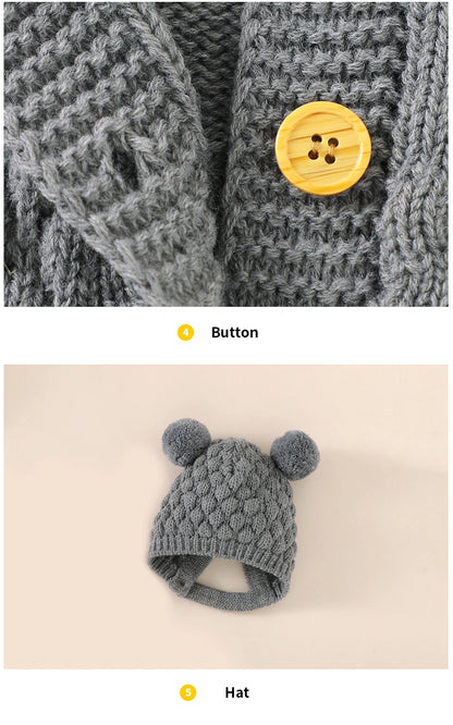Autumn Baby Rompers Solid Long Sleeve Knitted Newborn Boys Girls Winter Outwear Jumpsuits Hats Clothes Sets 0-18m Infant Outfits