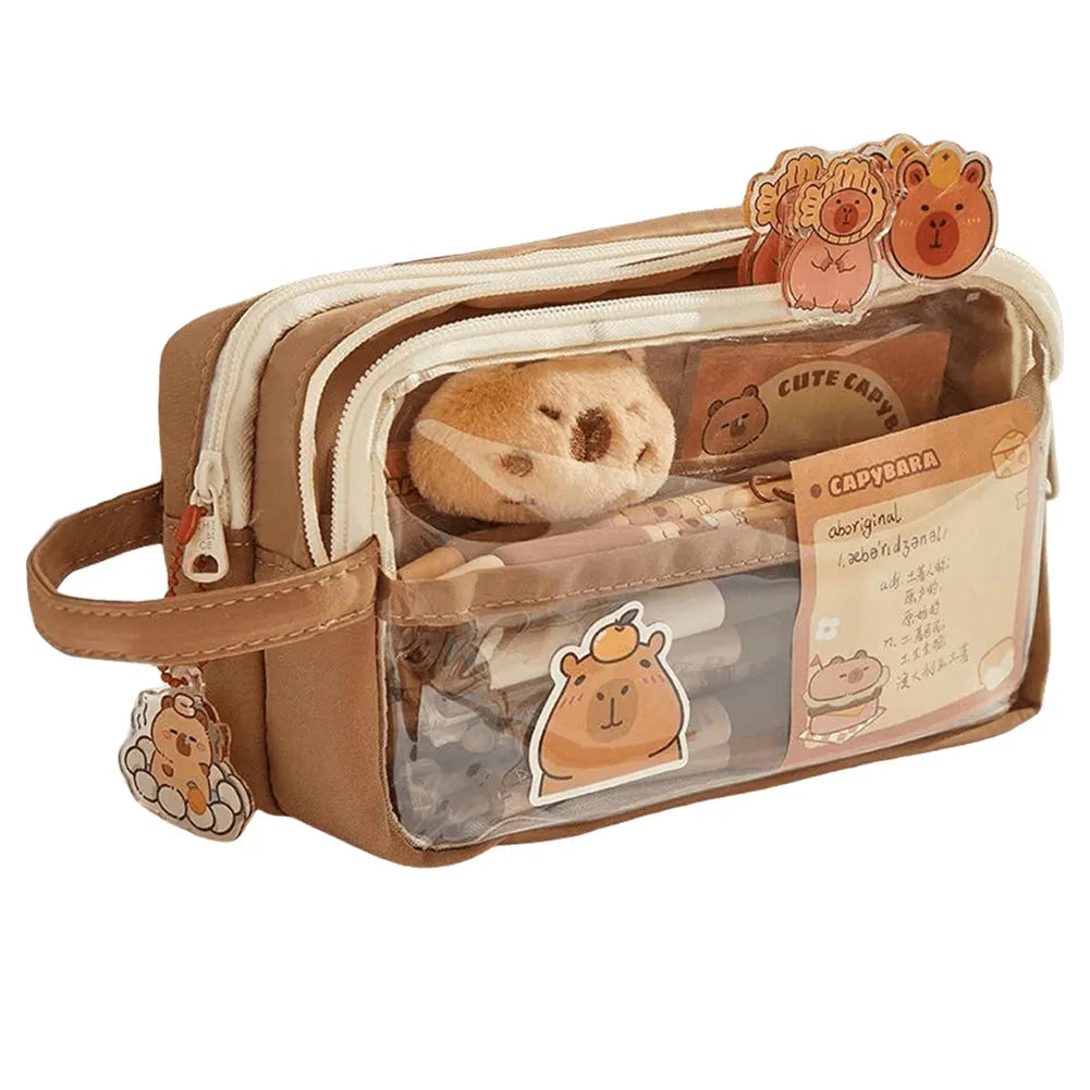 Capybara Kawaii Pencil Case with Compartments Stationary Bag Clear Pen Bag with Sticker Pendant for Office College School.