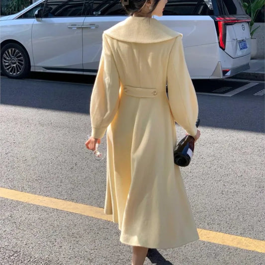 Mode frauen Lange Mäntel Winter Neue Oberbekleidung Revers Zweireiher Laterne Hülse Solide Vintage Chic Woolen Mäntel.