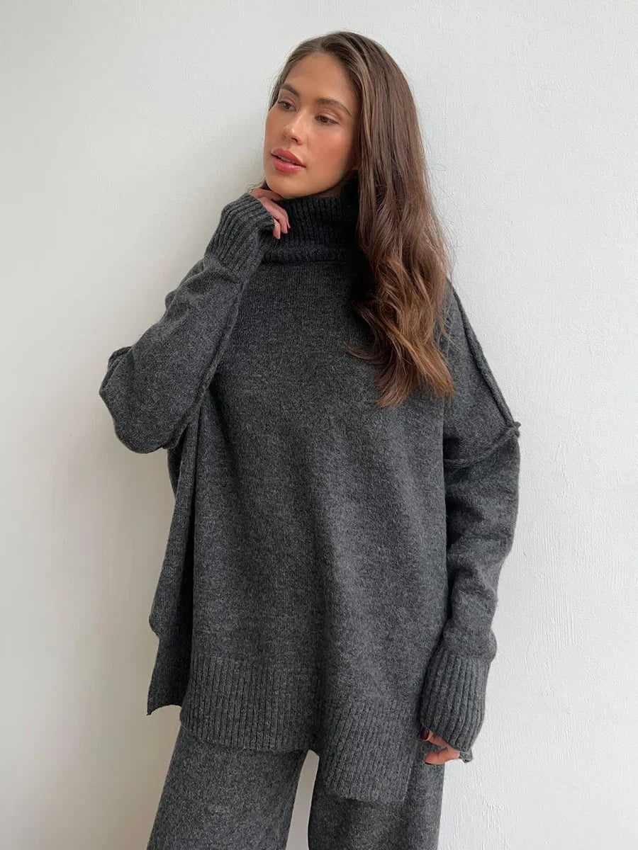 2025 Turtleneck Sweater Set Women's European, American Autumn and Winter New Loose Casual Lazy Thickened Knitted Trousers Set.