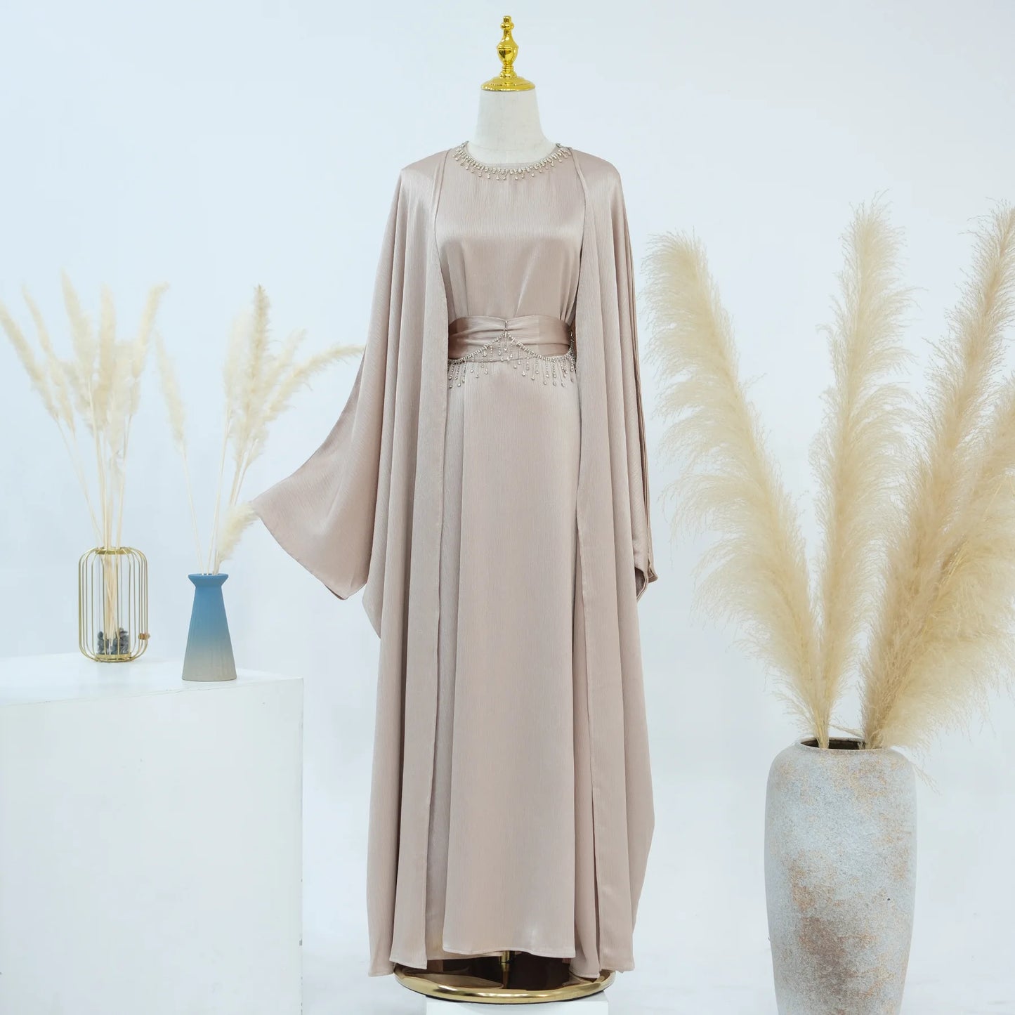 Ramadan Muslim Women 2 Piece Set with Chain Party Dresses Abaya Eid Jalabiya Sashes Diamond Morocco Dubai Kaftan Cardigan Robe