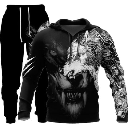 Wolf 3d Printed Hoodie Pants Suit Male Autumn and Winter Casual Sweashirt Pullover Men Tracksuit Set Fashion Men's Clothing Suit.